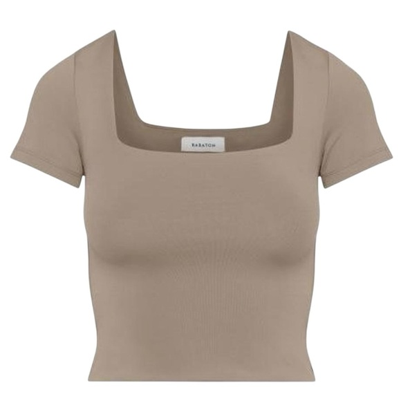 Babaton Contour Aritzia Nude Tan Stretch Short Sleeve Crop Top Women’s Medium - Picture 6 of 9